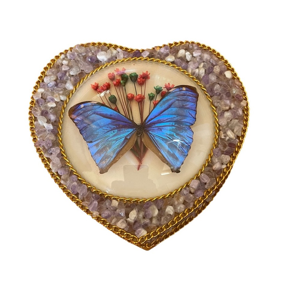 Trinket/Jewelry Box Butterfly, Dried Flowers inside Clear Acrylic Dome Gold Trim